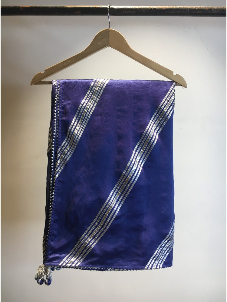 'DARIYA' Blue Double Layered Handloom Chanderi Silk Kalidar Ghaghra (Set Of 3)