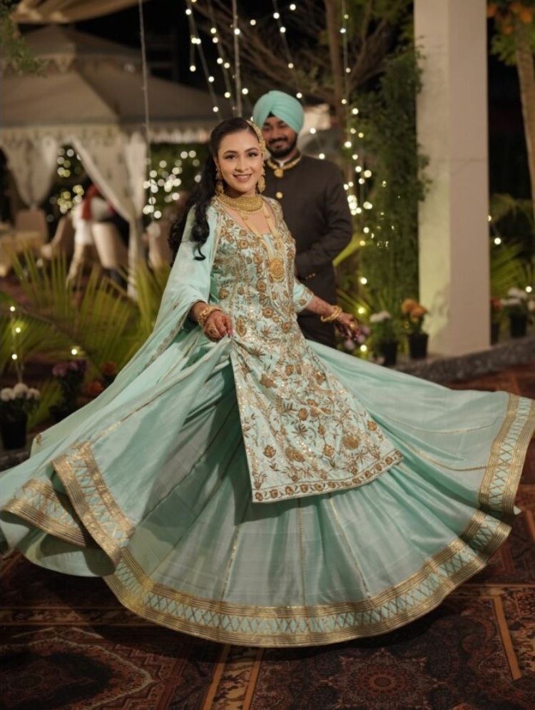 'SHABNAM-E-NEEL' Sea Green Handloom Chanderi Silk Kalidar Ghaghra