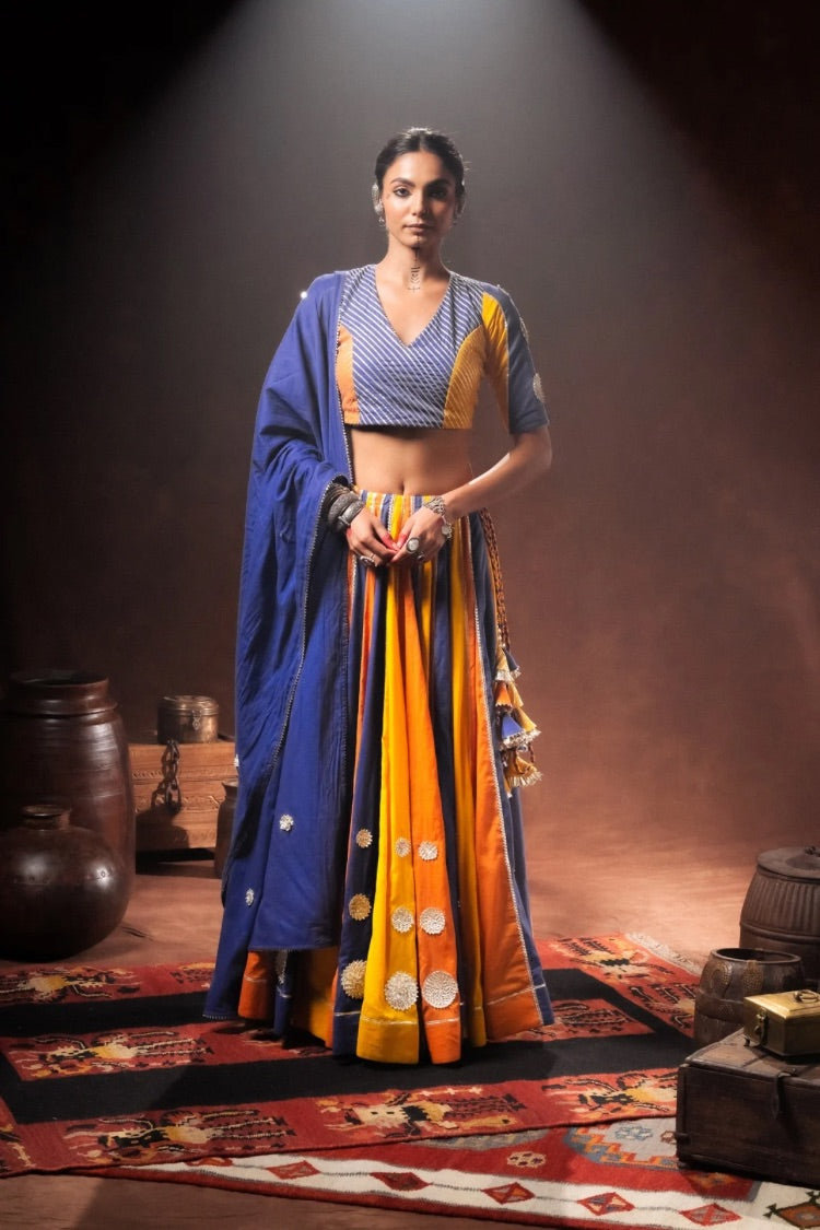 'BIJLI' Multicolor Mulmul Cotton Kalidar Ghaghra (Set Of 3)