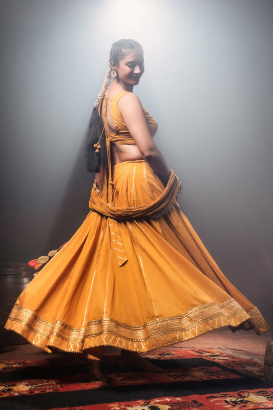 'SUNHERI JAMUN' Mustard/Golden Mulmul Cotton Kalidar Ghaghra