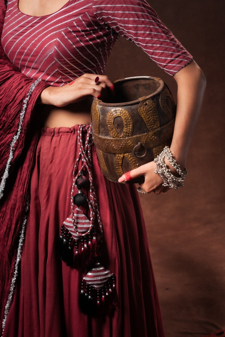 Studio Sample - 'MANJULIKA' Maroon Mulmul Cotton Kalidar Ghaghra