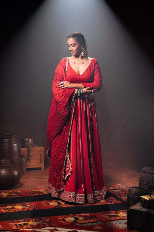 'LAAL PAARO' Red Mulmul Cotton Kalidar Ghaghra