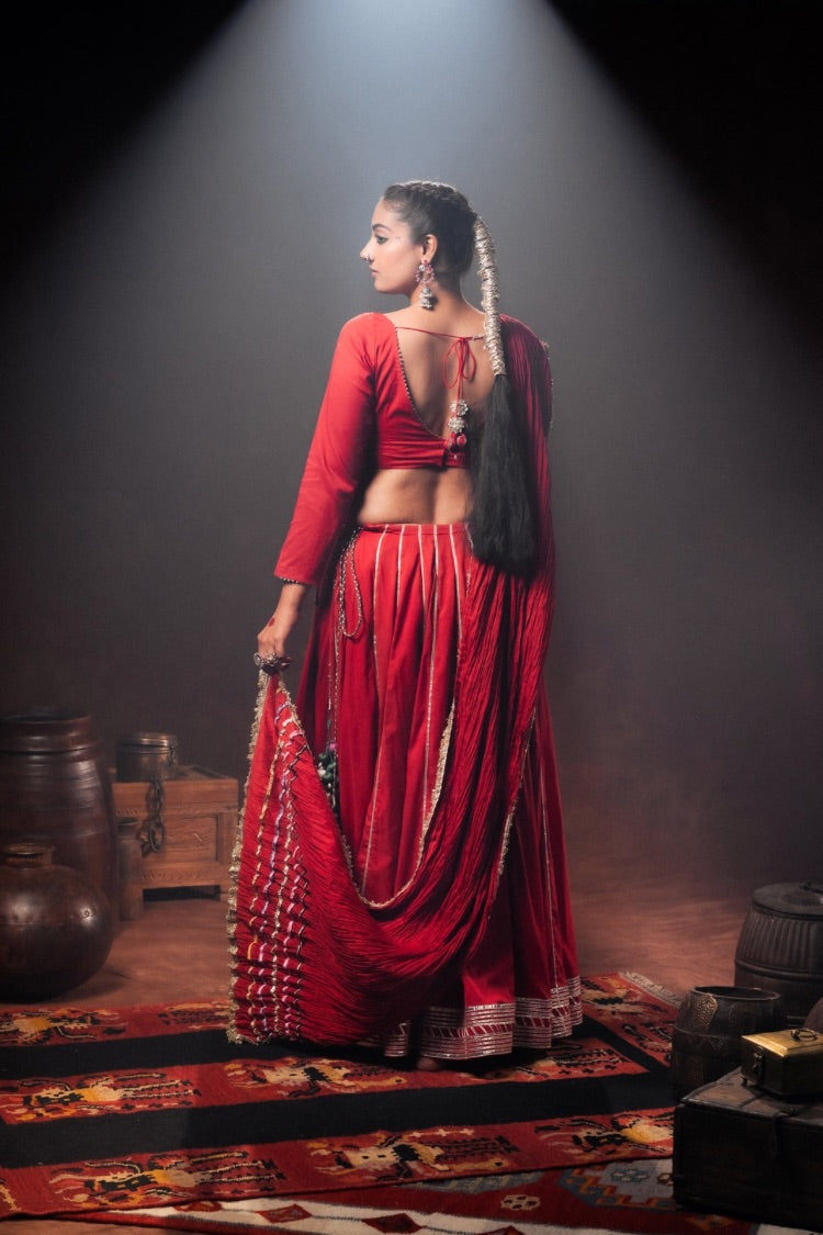 'LAAL PAARO' Red Mulmul Cotton Kalidar Ghaghra
