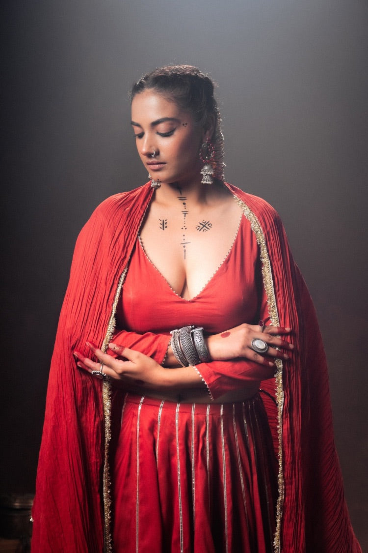 'LAAL PAARO' Red Mulmul Cotton Kalidar Ghaghra