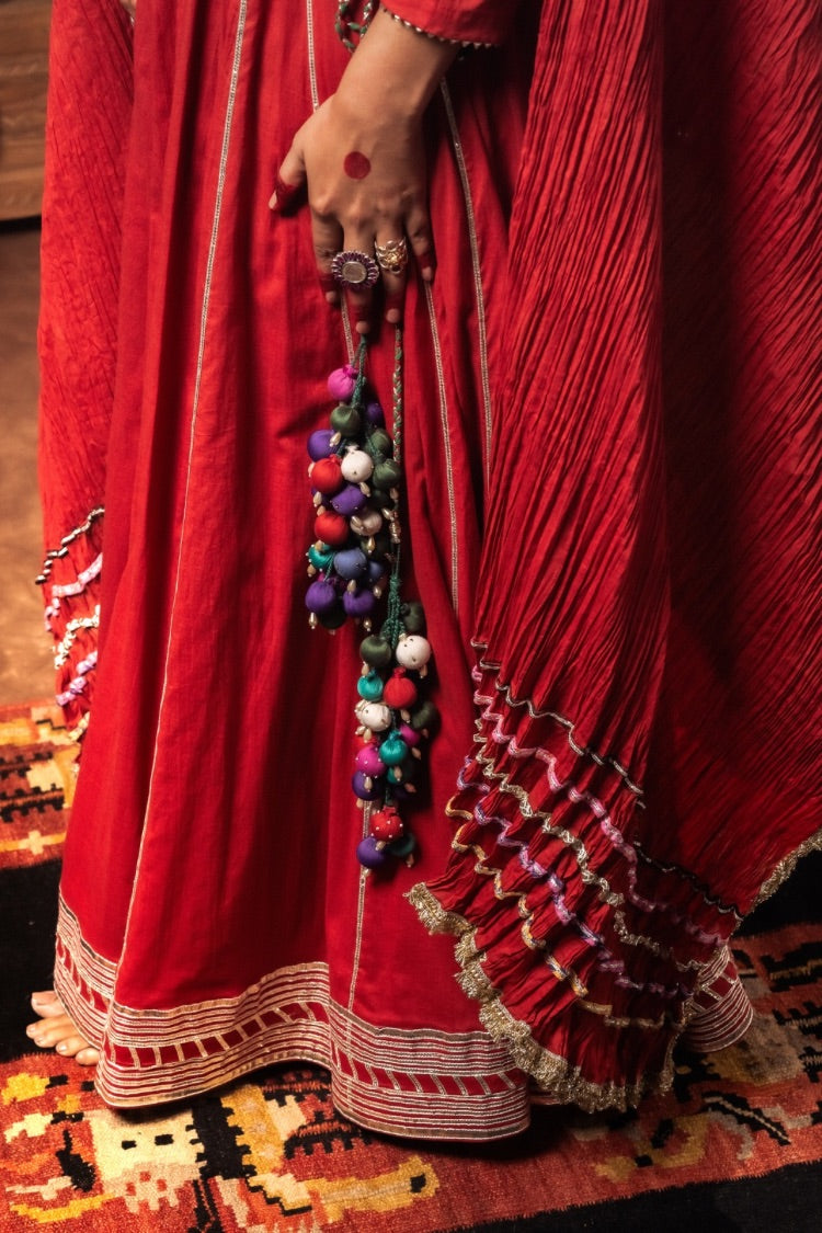 'LAAL PAARO' Red Mulmul Cotton Kalidar Ghaghra
