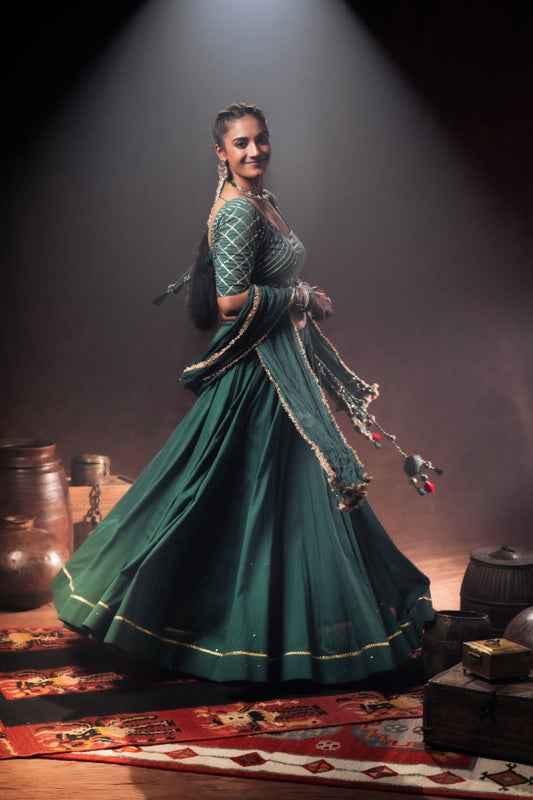 'MANDAKINI' Green Mulmul Cotton Kalidar Ghaghra