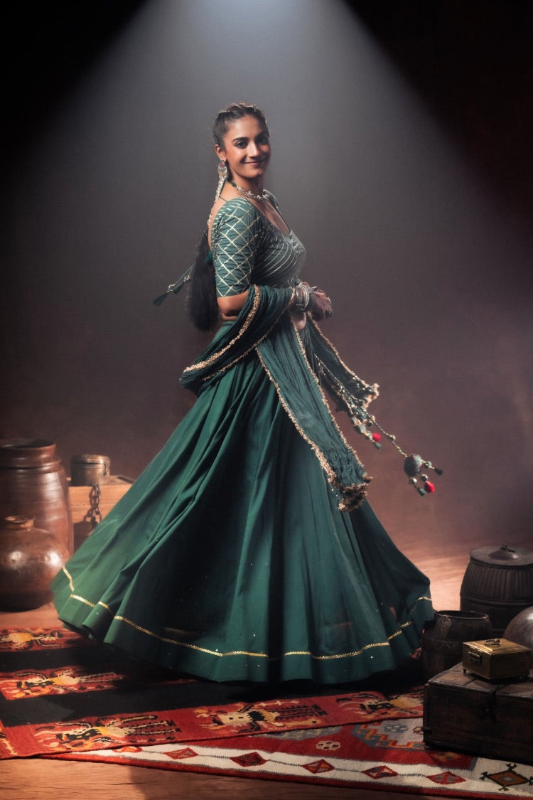 Studio Sample - 'MANDAKINI' Green Mulmul Cotton Kalidar Ghaghra