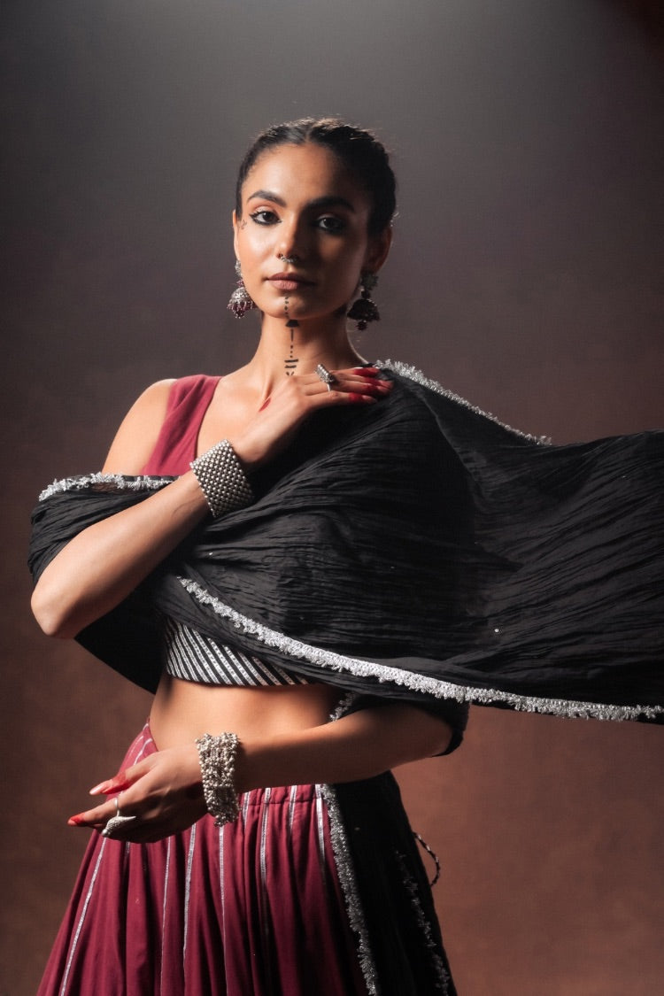 'MANMOHINI' Maroon And Black Double Layered Mulmul Cotton Kalidar Ghaghra (Set Of 3)