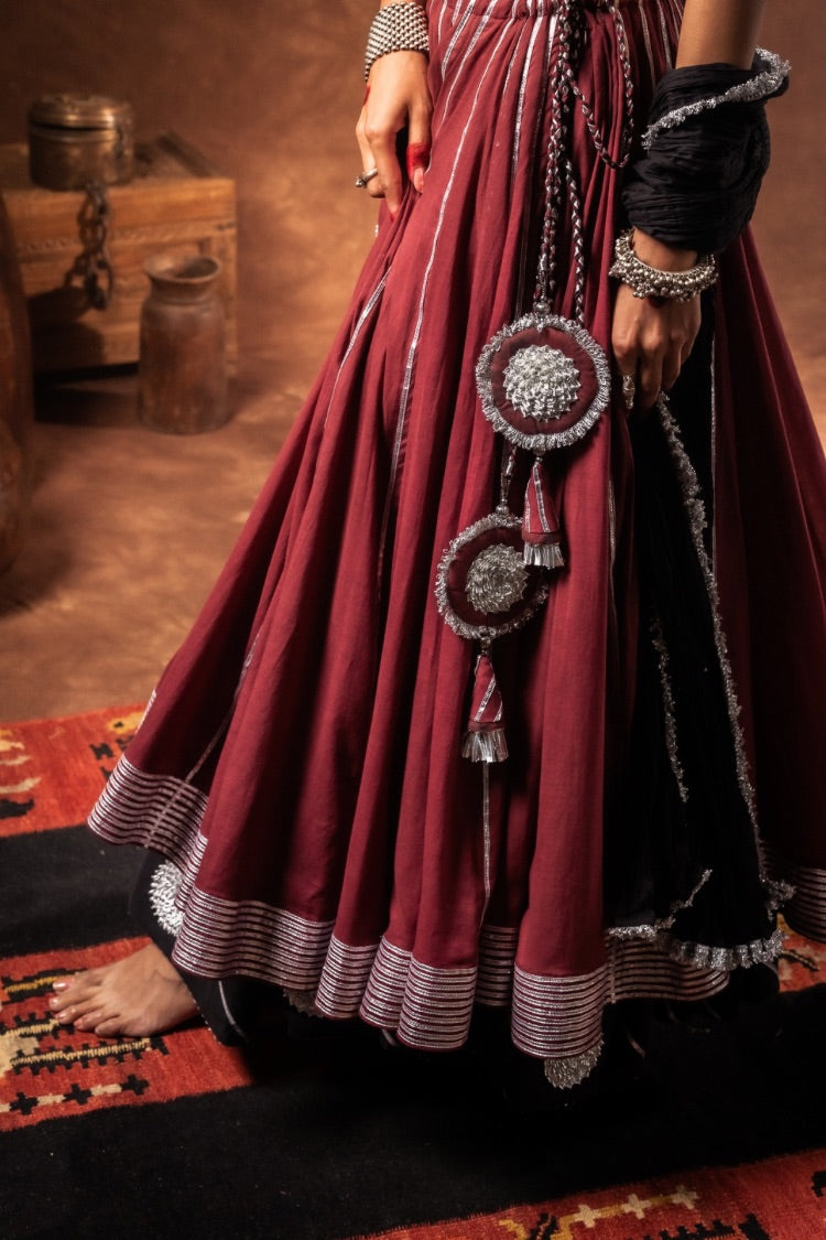 'MANMOHINI' Maroon And Black Double Layered Mulmul Cotton Kalidar Ghaghra (Set Of 3)