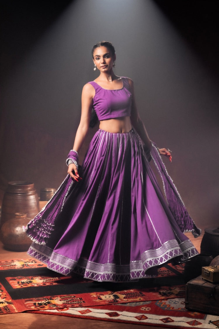 'GULABI JAMUN' Purple Mulmul Cotton Kalidar Ghaghra (Set Of 3)