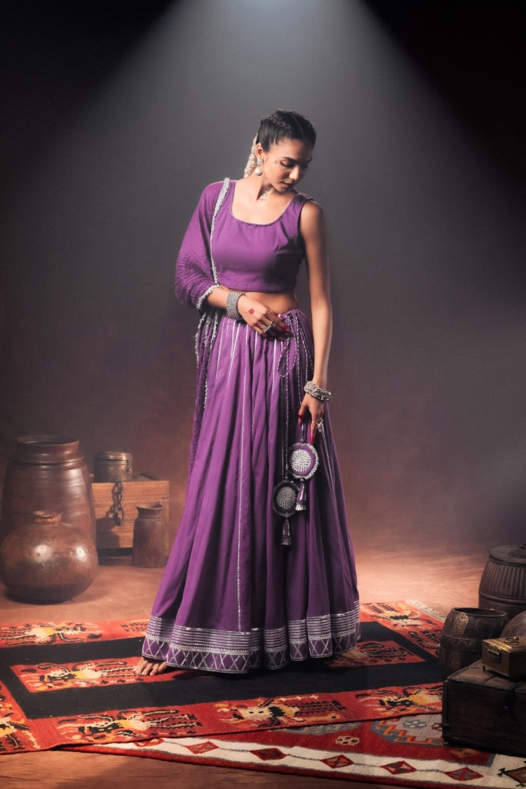 Studio Sample -'GULABI JAMUN' Purple Mulmul Cotton Kalidar Ghaghra