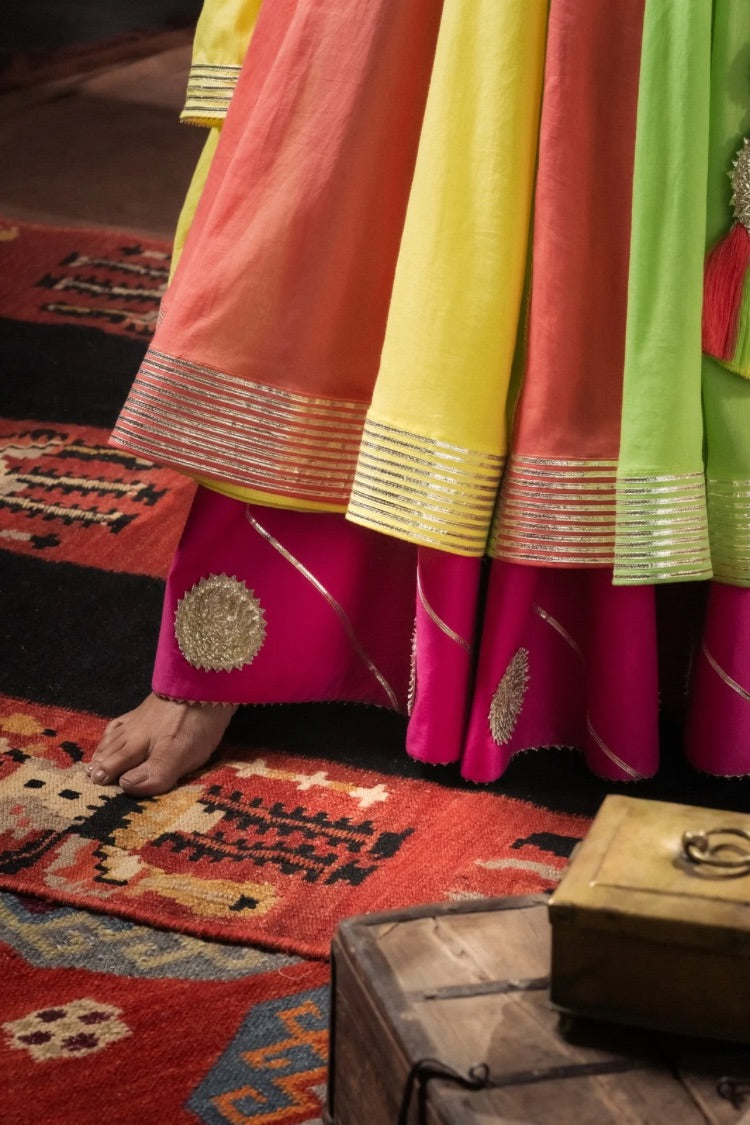 'RASEELI' Multicolor Double Layered Mulmul Cotton Kalidar Ghaghra