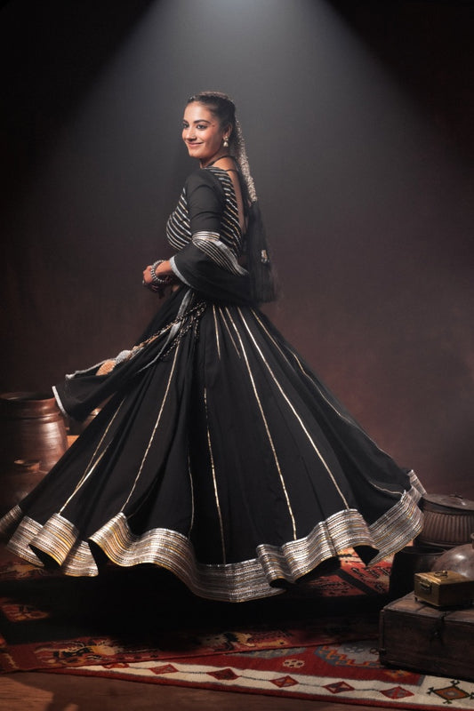 'ZOHRA' Black Mulmul Cotton Kalidar Ghaghra (Set Of 3)