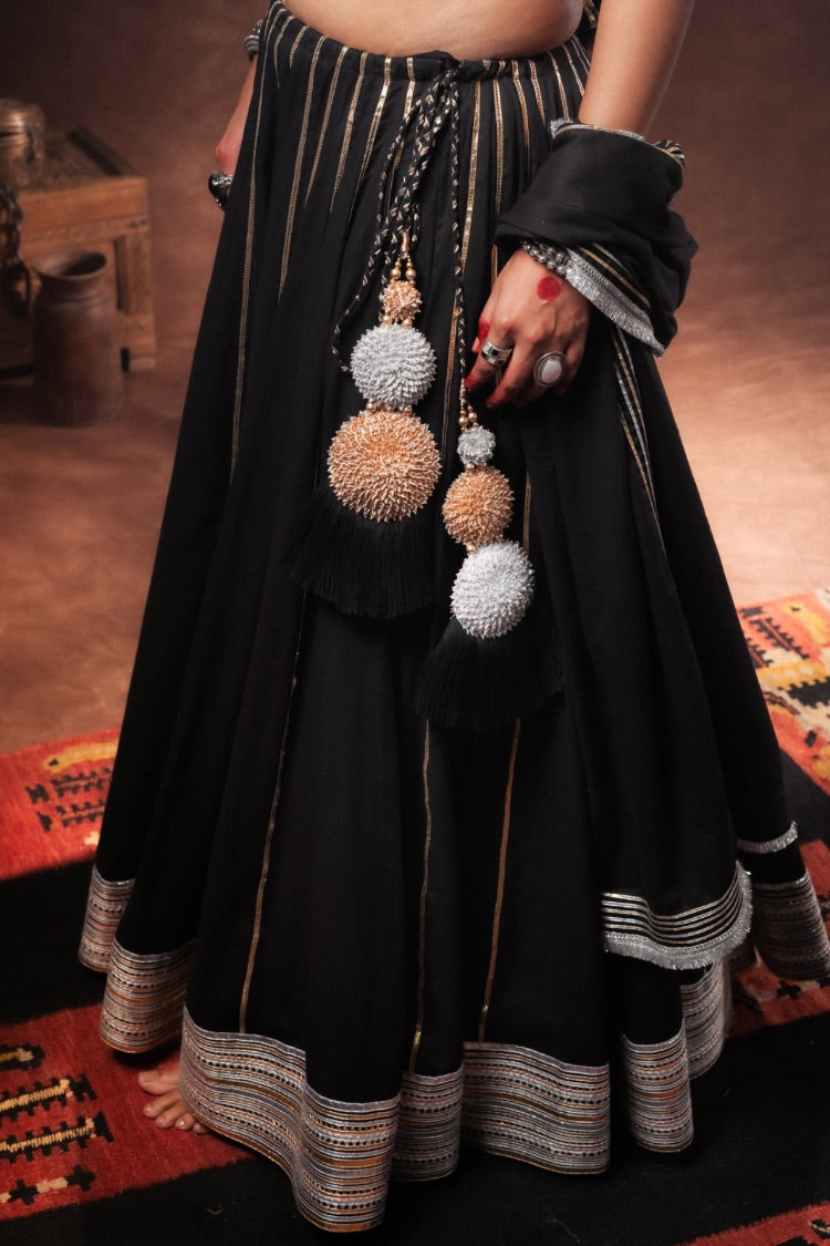 'ZOHRA' Black Mulmul Cotton Kalidar Ghaghra (Set Of 3)