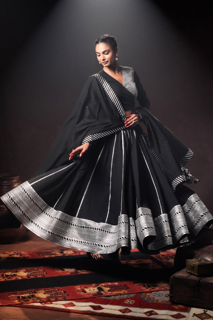 Studio Sample -'HUSNARA' Black Mulmul Cotton Kalidar Ghaghra