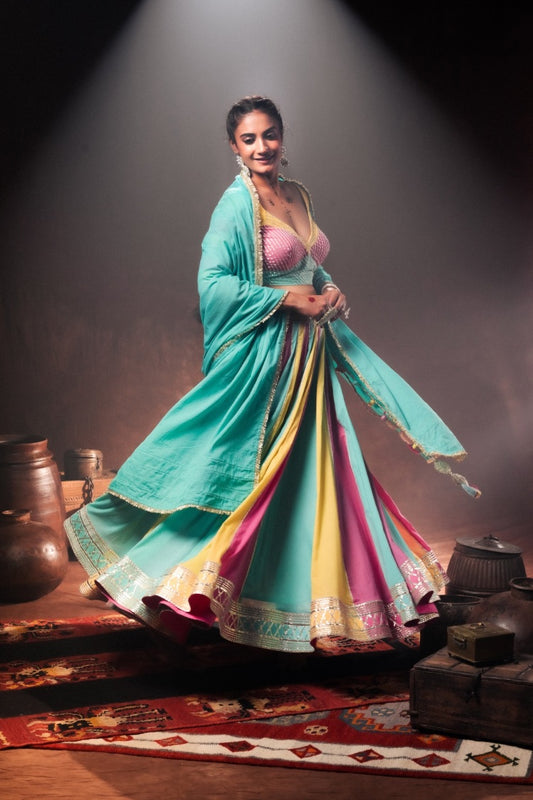 'RANG RASIYA' Multicolor Mulmul Cotton Kalidar Ghaghra (Set Of 3)