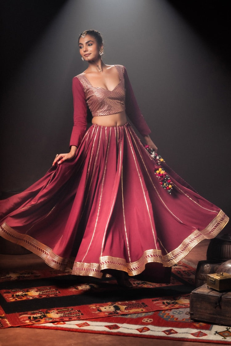 'KOMOLIKA' Maroon Mulmul Cotton Kalidar Ghaghra (Set Of 3)