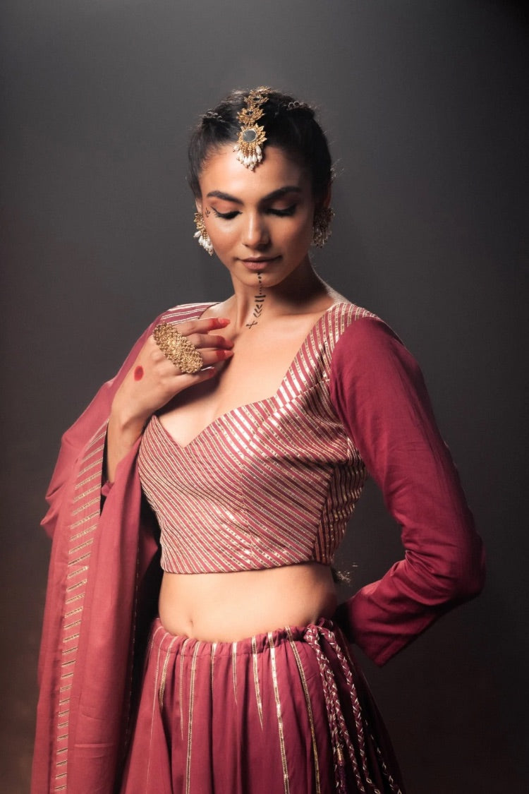 'KOMOLIKA' Maroon Mulmul Cotton Kalidar Ghaghra (Set Of 3)