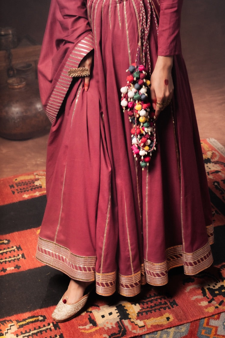 'KOMOLIKA' Maroon Mulmul Cotton Kalidar Ghaghra (Set Of 3)