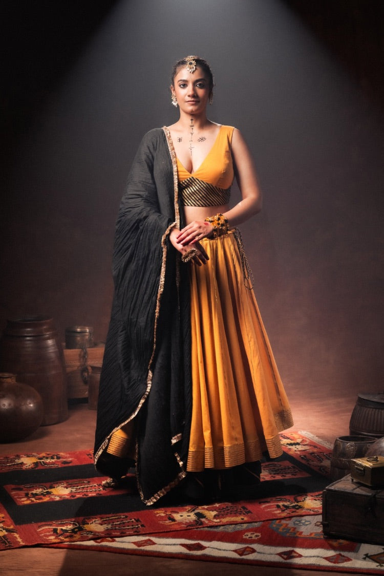 'SWARNIKA' Mustard/Golden And Black Double Layered Mulmul Cotton Ghaghra