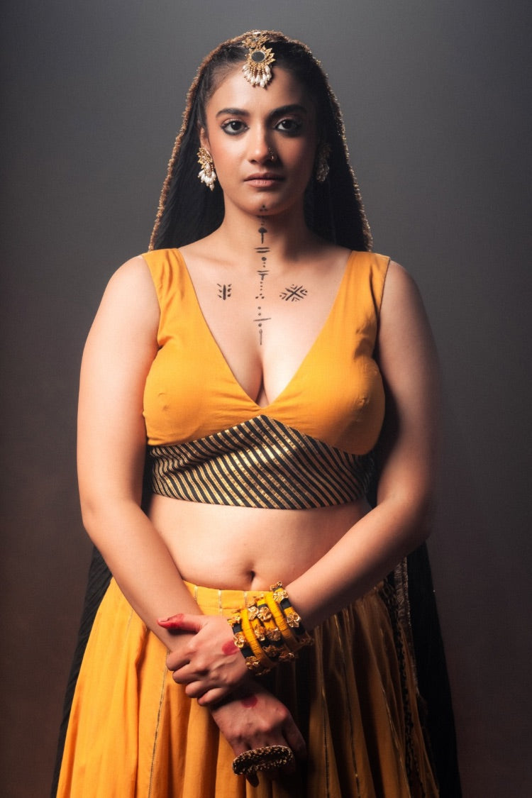 'SWARNIKA' Mustard/Golden And Black Double Layered Mulmul Cotton Ghaghra