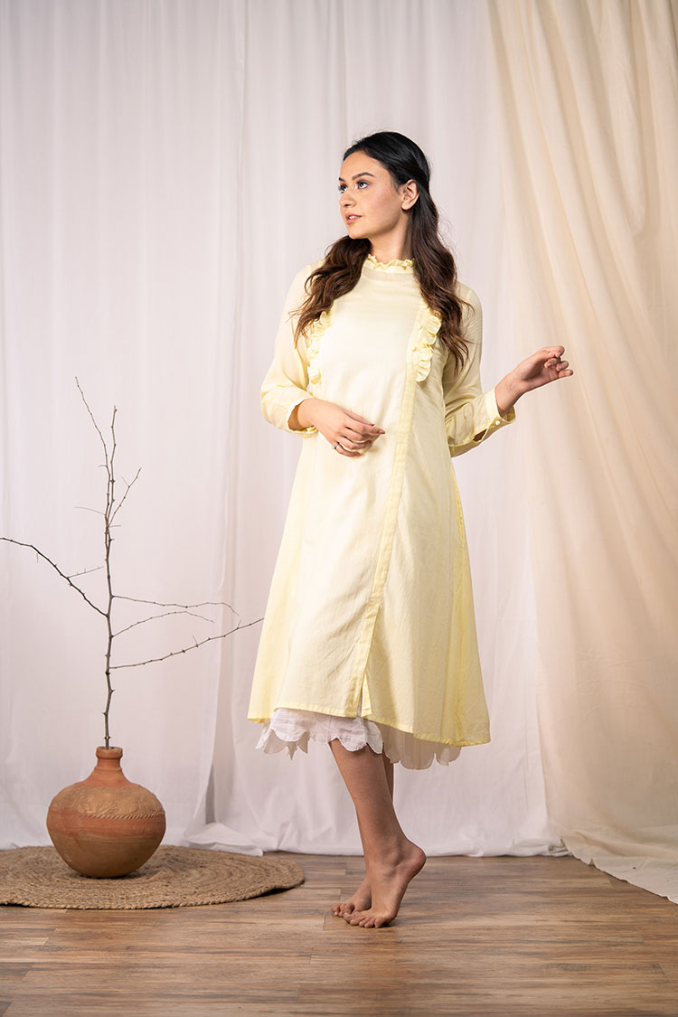 OCEAN PEARL' Pastel Yellow Mulmul Cotton Dress TARAASI OCEAN PEARL' Pastel Yellow Mulmul Cotton Dress TARAASI