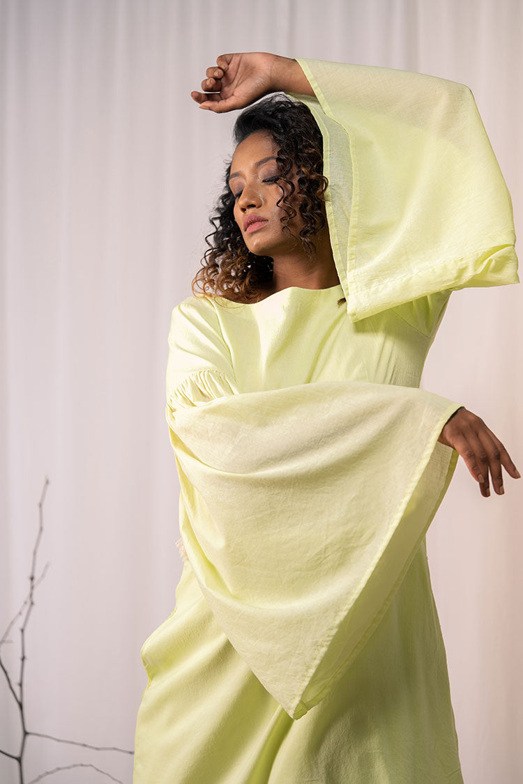 Studio Sample - 'HAPPY GO LUCKY' Lime Green Mulmul Cotton Dress