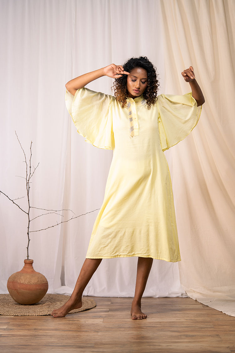 A BLOOMING FLOWER' Pastel Yellow Mulmul Cotton Dress TARAASI A BLOOMING FLOWER' Pastel Yellow Mulmul Cotton Dress TARAASI