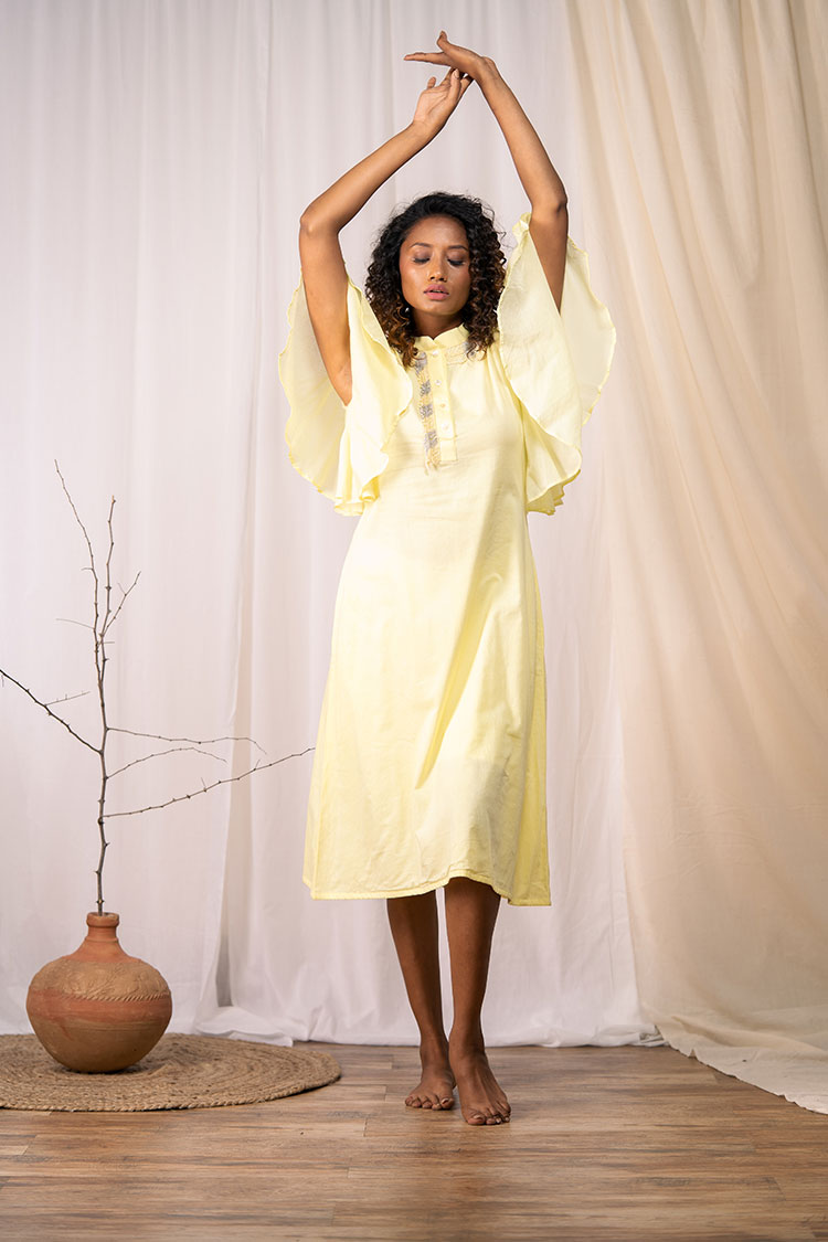 'A BLOOMING FLOWER' Pastel Yellow Mulmul Cotton Dress