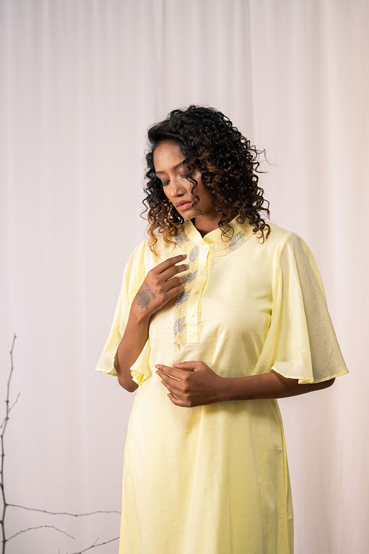 'A BLOOMING FLOWER' Pastel Yellow Mulmul Cotton Dress