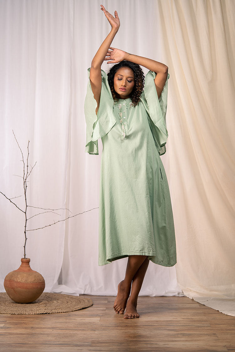 Studio Sample - 'A BLOOMING FLOWER' Sage Green Mulmul Cotton Dress