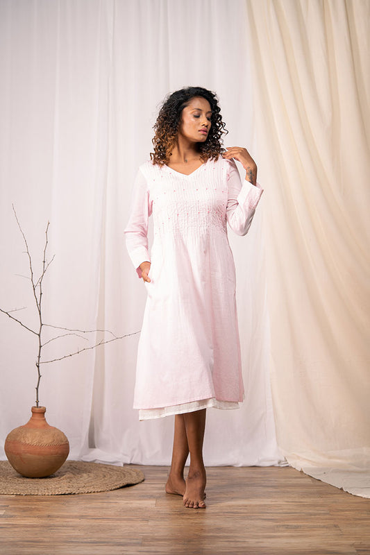 Studio Sample - 'BLUSHING BEAUTY' Baby Pink Mulmul Cotton Dress