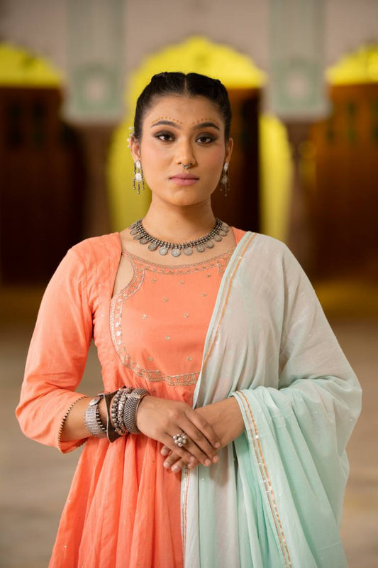 'BOOND' Coral Mulmul Cotton Kalidar Choga
