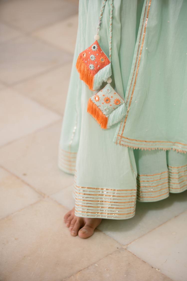 'CHANDNI' Mint Green Mulmul Cotton Kalidar Ghaghra (Set Of 3)