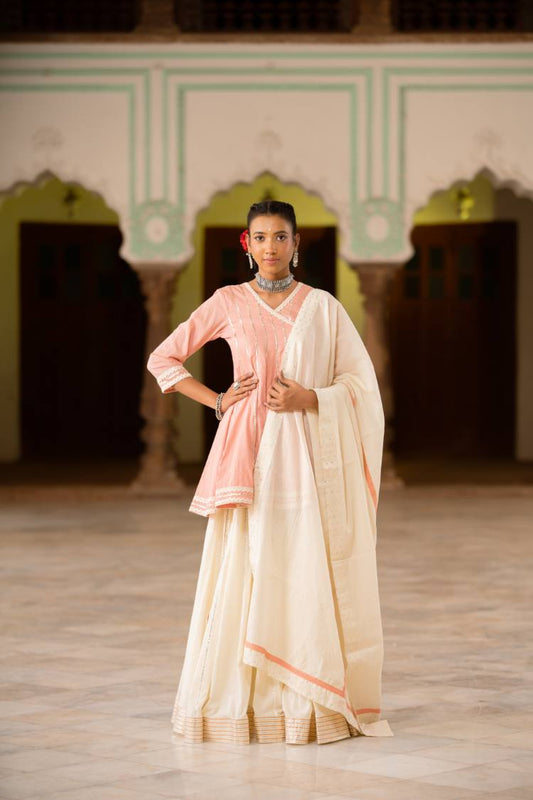 'CHANDNI' Cream Mulmul Cotton Kalidar Ghaghra (Set Of 3)