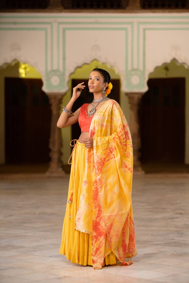 'ZOYA' Yellow & Coral Tie & Dye Mulmul Cotton Dupatta