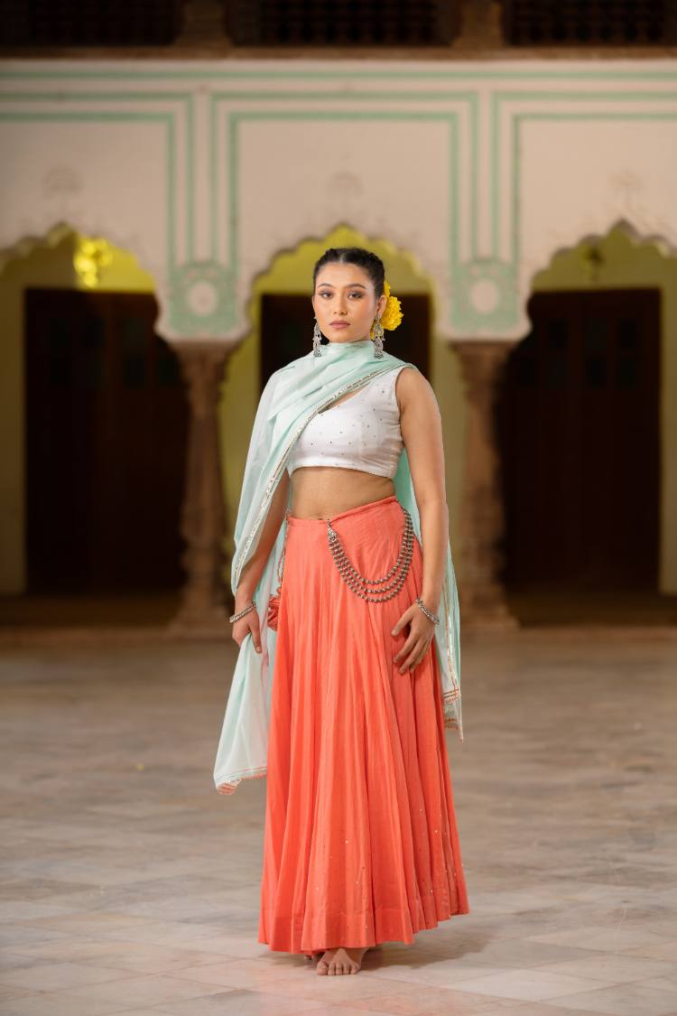 'NOORANI' Coral Mulmul Cotton Kalidar Ghaghra