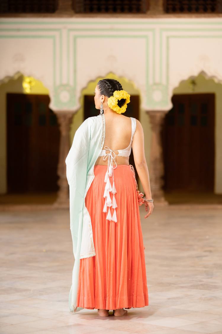 'NOORANI' Coral Mulmul Cotton Kalidar Ghaghra