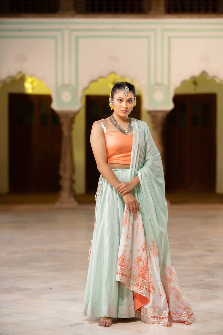 Studio Sample - 'NOORANI' Mint Green Mulmul Cotton Kalidar Ghaghra