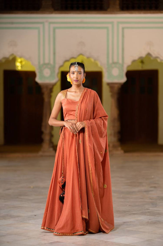 'ULFAT' Rust  Mulmul  Cotton Kalidar Ghaghra  (Set Of 3)