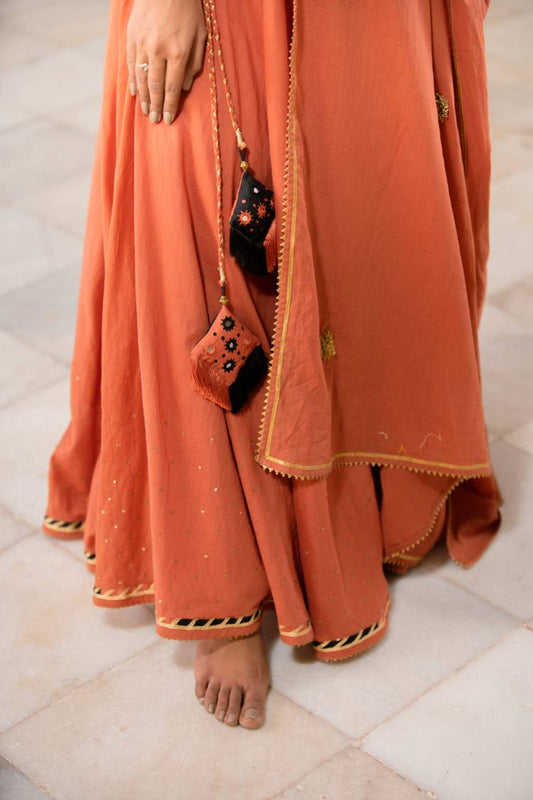 Studio Sample - 'ULFAT' Rust Mulmul Cotton Kalidar Ghaghra