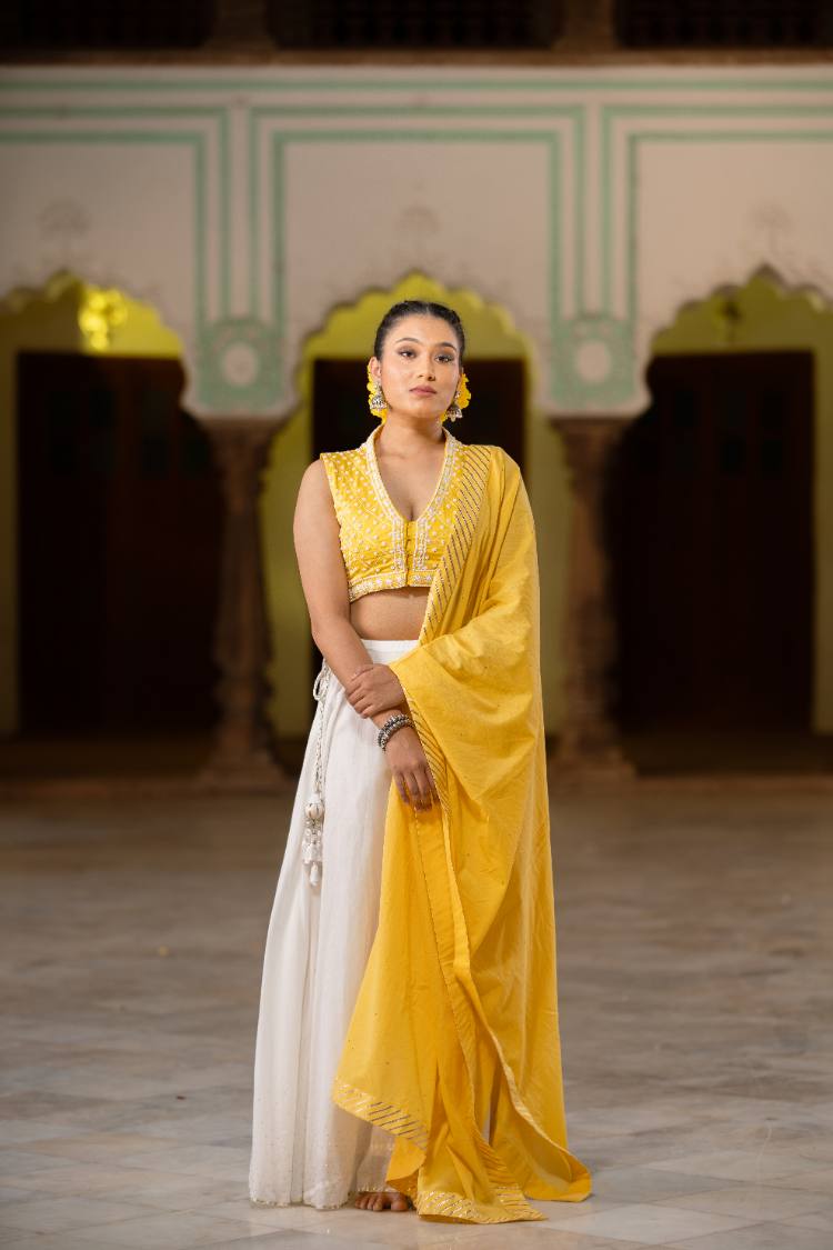 Studio Sample - 'ULFAT' White Mulmul Cotton Kalidar Ghaghra