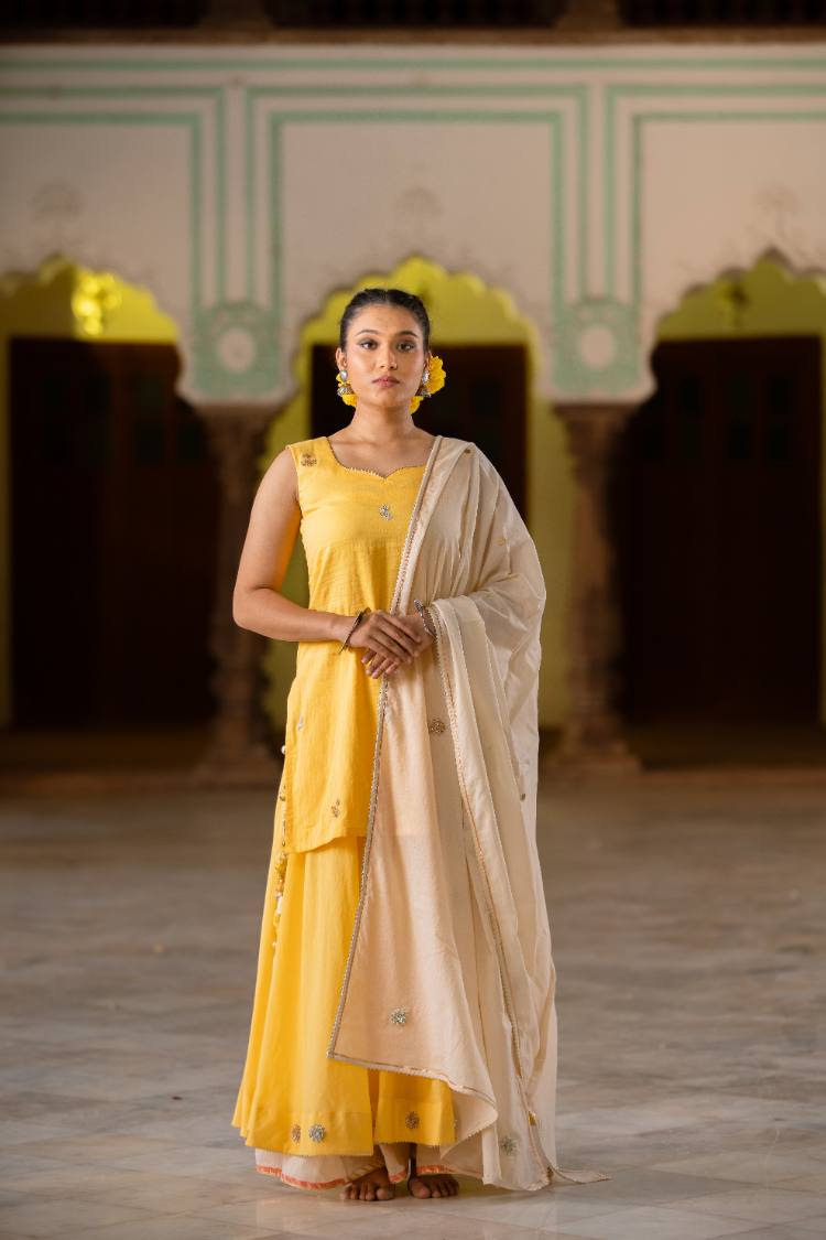 Studio Sample - 'NAKHRALI' Sunshine Yellow Mulmul Cotton Kalidar Ghaghra