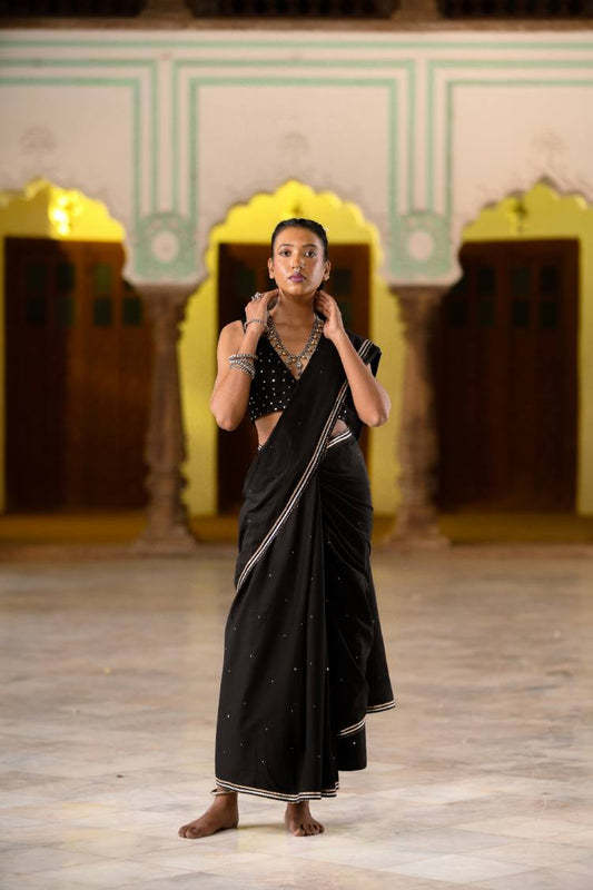 'ROZANA' Black Mulmul Cotton Mukaish Work Saree