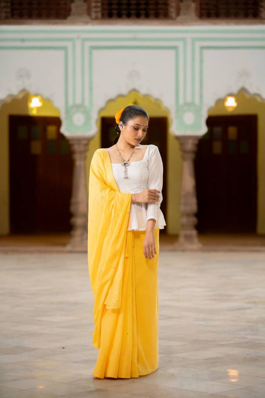 'ROZANA' Yellow Mulmul Cotton Mukaish Work Saree