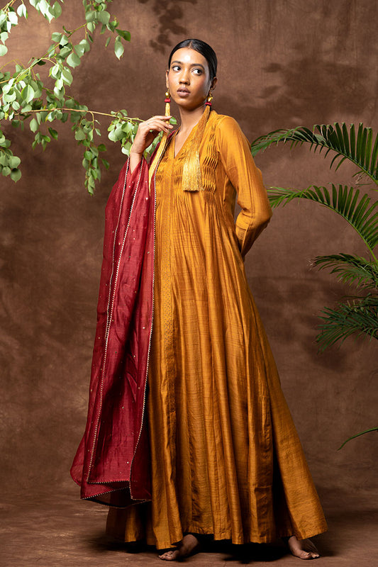 'CHANDRAMA' Handloom Chanderi Silk Hand Embroidered Anarkali Kurta & Dupatta Set