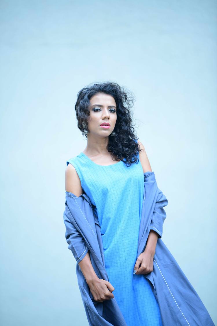 Handloom Cotton Blue Self Checks Dress
