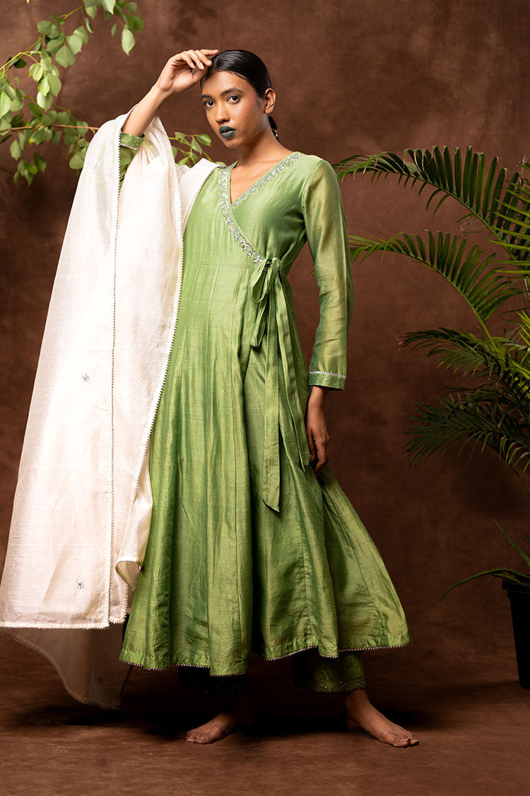 Studio Sample - 'FAQAT' Handloom Chanderi Silk Hand Embroidered Anarkali Kurta, Pant & Dupatta Set