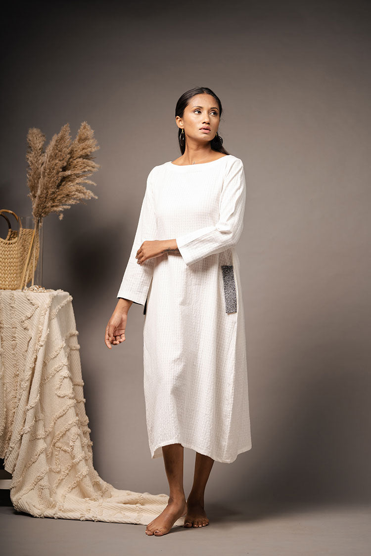 'SPRINKLE' White Handwoven Cotton Dress