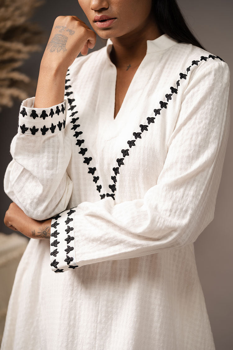 'FLIGHT OF FANCY' White Handwoven Cotton Dress